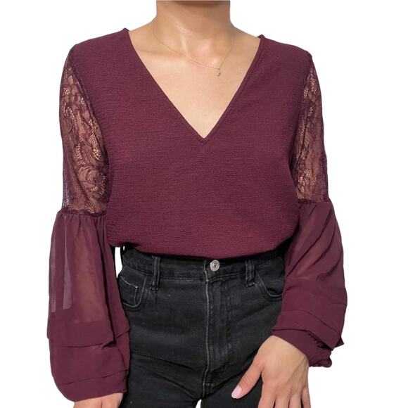 Express Tops - Express Burgundy Lace Balloon Sleeve Long Sleeve V-Neck Blouse XS
